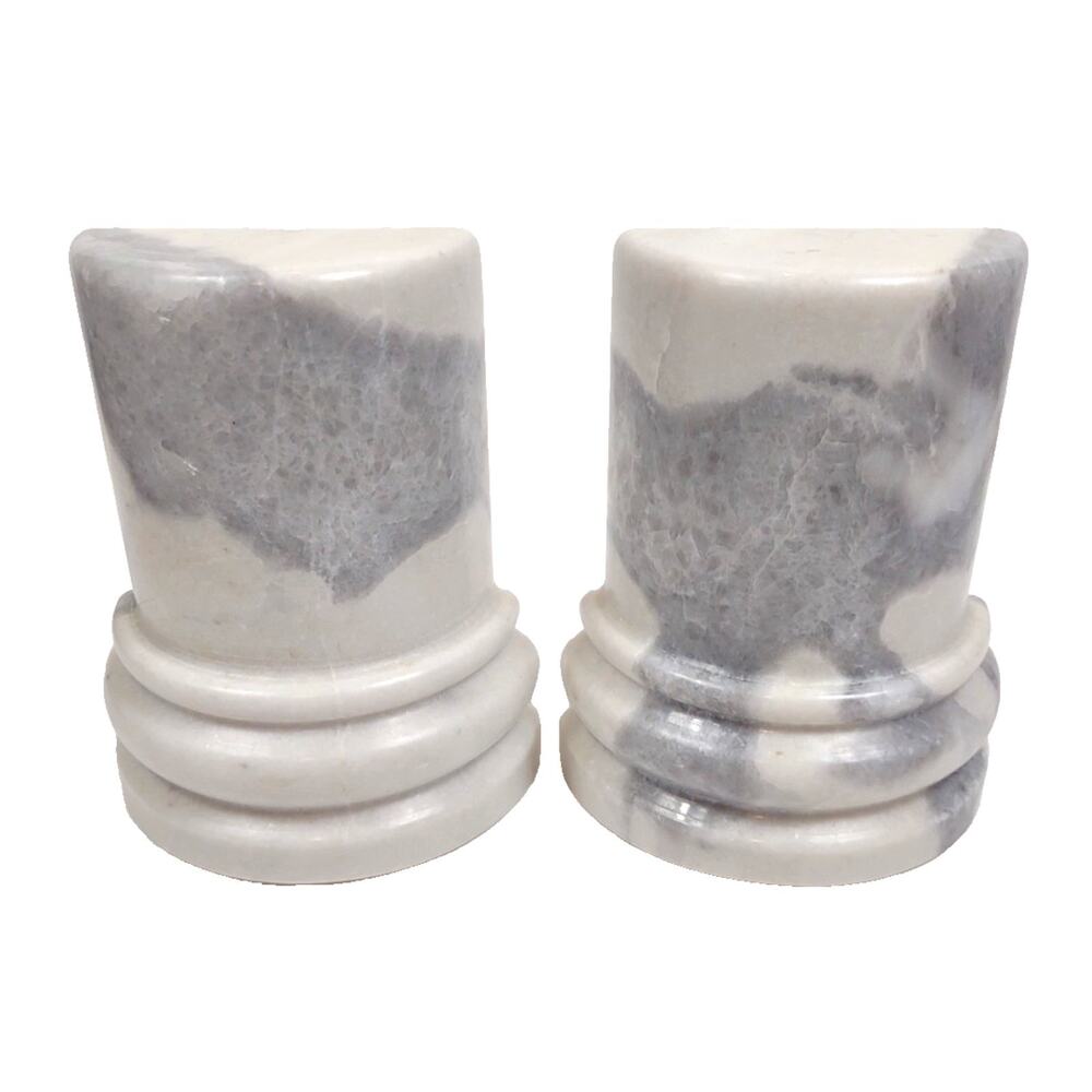 Vintage Classic Art Deco Natural Marble Bookends 6" White Heavy Set Of 2